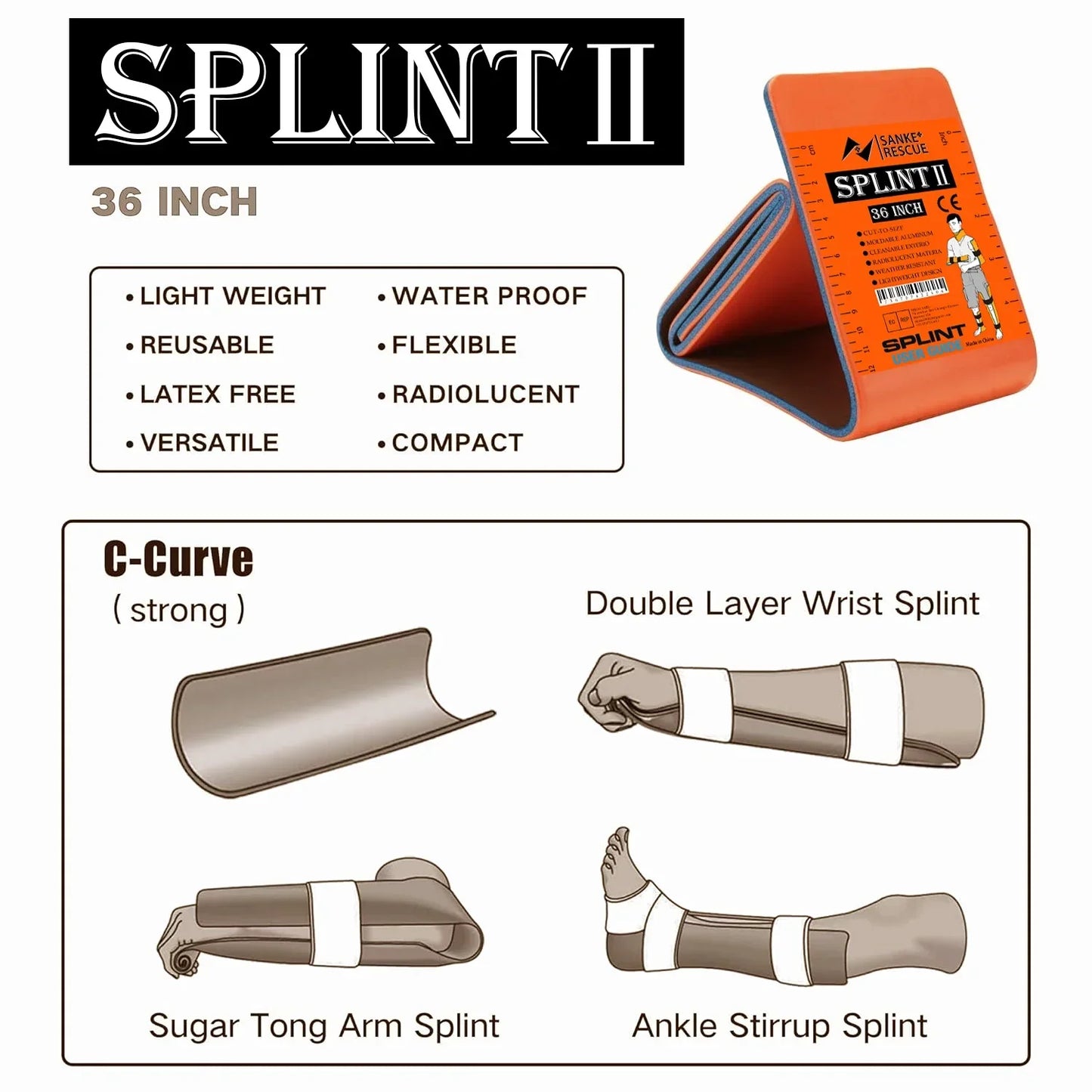 First Aid Splint 36/18"X4.3" SANKE RESCUE Wrist Thumb Support Brace Tendonitis Arthritis ifak Protector Guard Right Left Hand